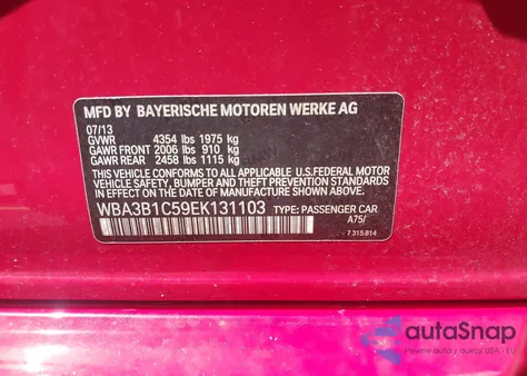 2014 BMW 320I из США, поврежденный, VIN WBA3B1C59EK131103